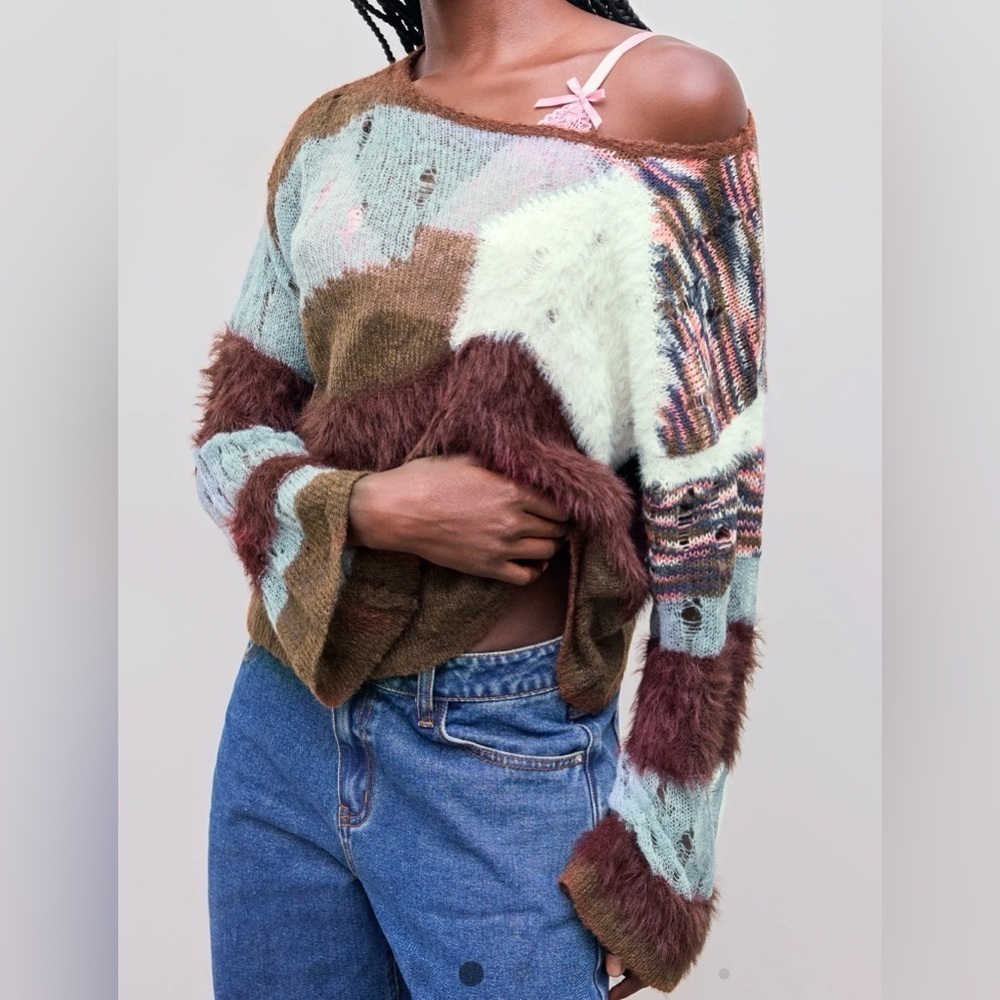 Patchwork Knit Sweater - Brown and Cream